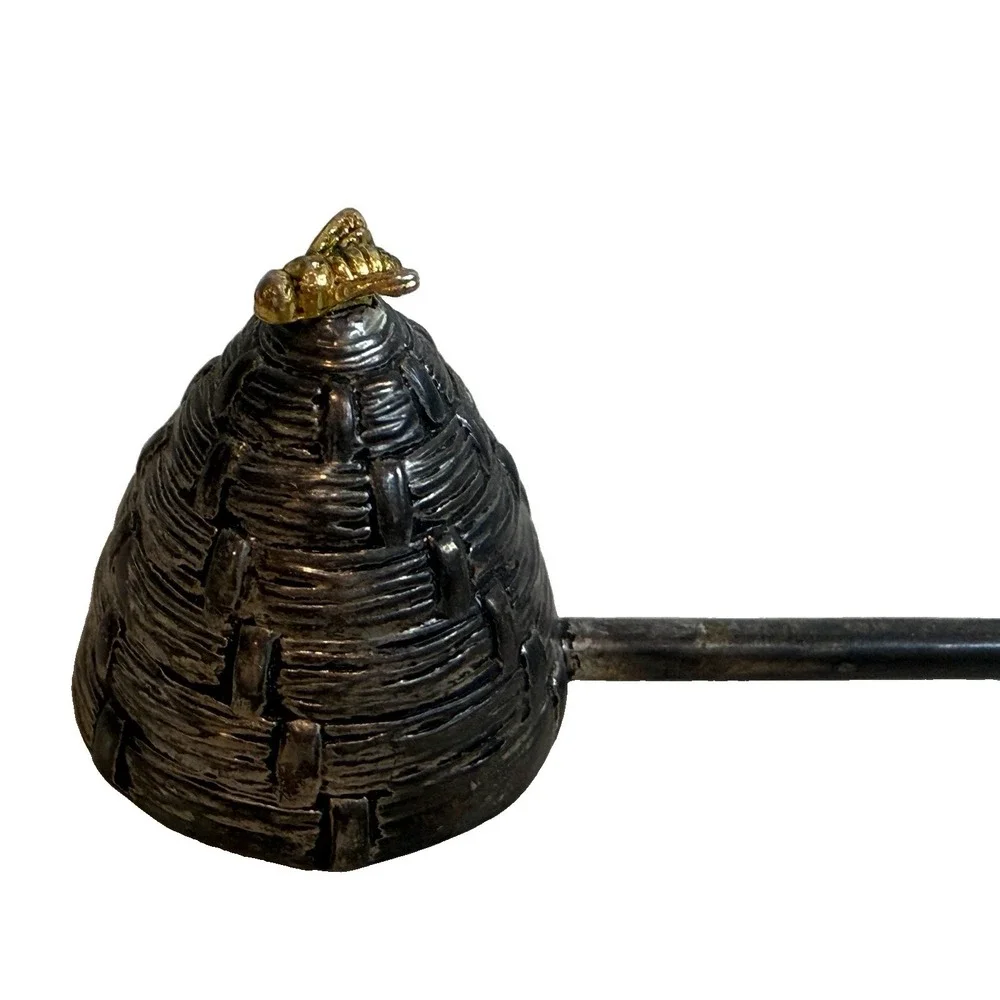 Vintage Silver Plated Beehive Candle Snuffer Long Handle Textured Gold Bee Skep